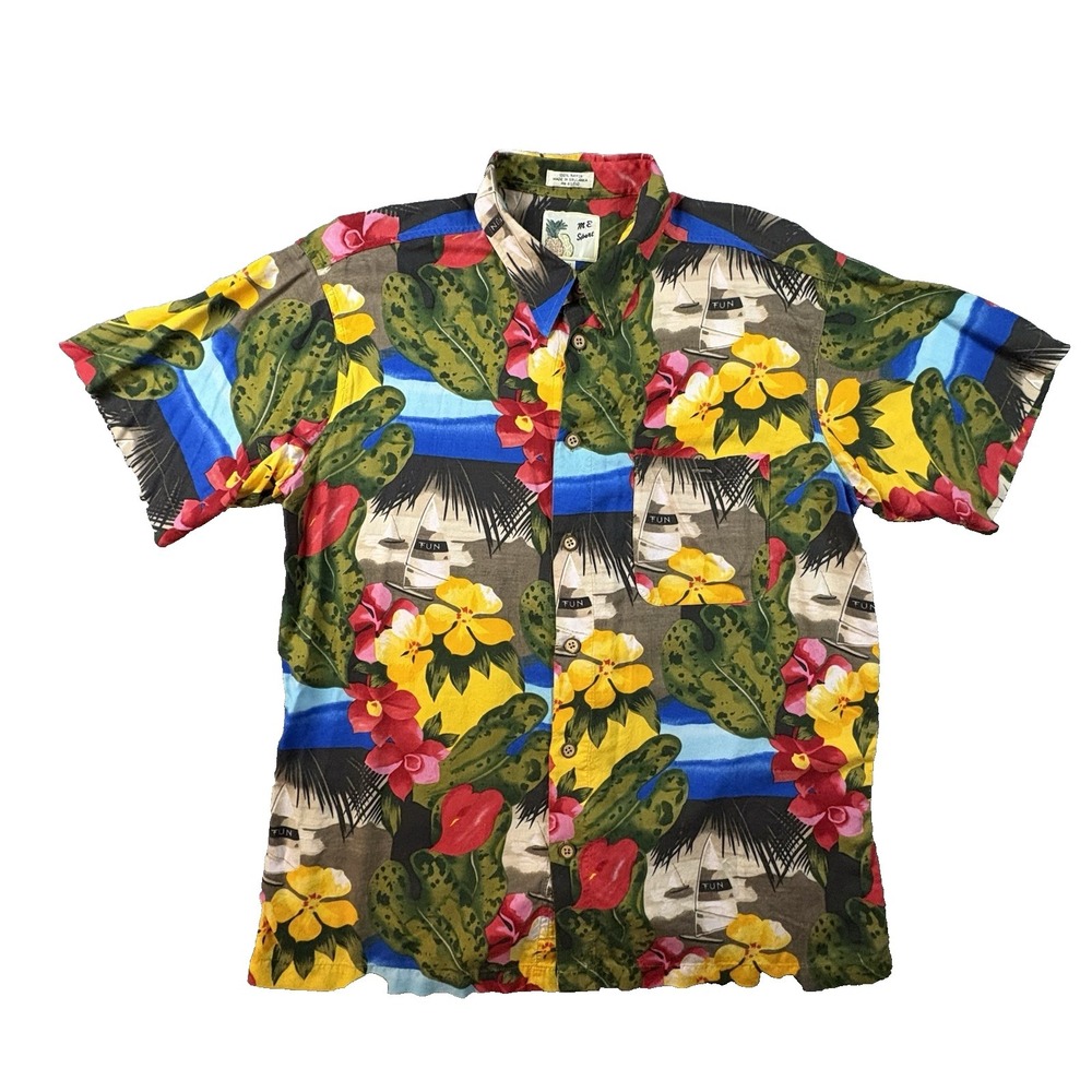 M.E. Sport Men's XL Multicolor Hawaiian Tropical Floral Rayon Camp Aloha SS AOP